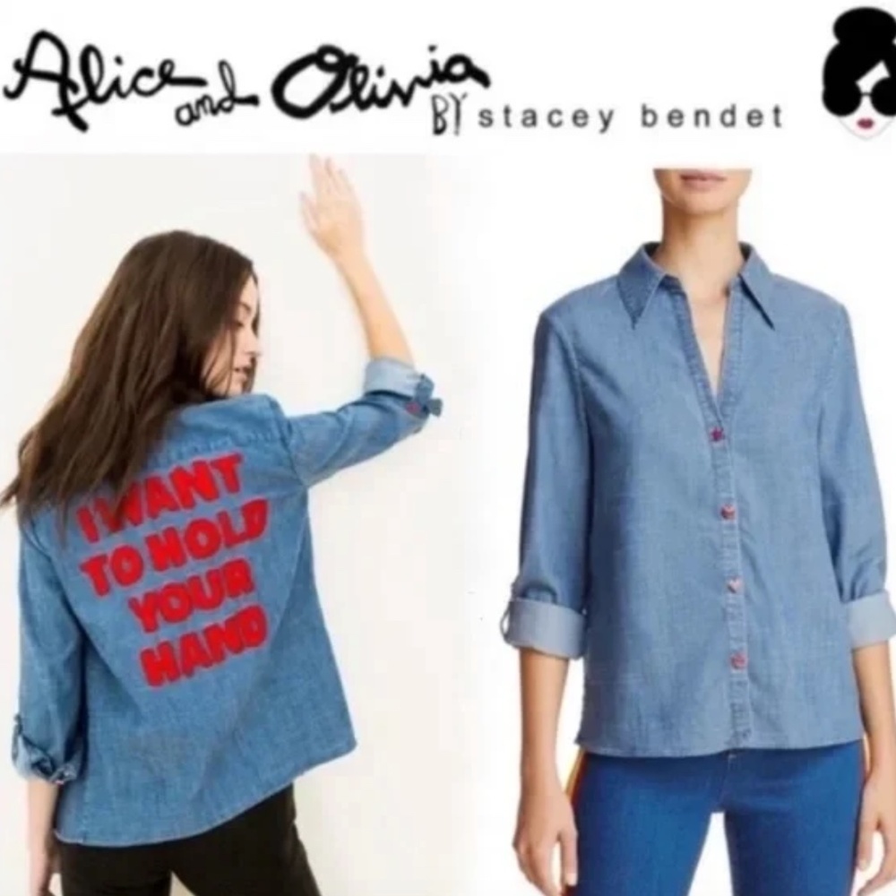 Alice + Olivia x The Beatles I Want to Hold Your Hand Chambray Top - Picture 2 of 5